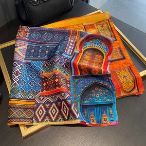 Silk-like square scarf with bohemian geometric prints and arch window patterns