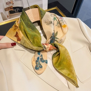 Vintage Floral Butterfly Print Square Scarf Elegant Mulberry Satin Cotton Lightweight Neck Scarf Shawl For Women