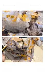 Detail eines Seidenschals mit leuchtend gelben Blumenmustern und glatter Stofftextur