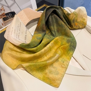 Vintage art oil painting style silk scarf with abstract patterns and fine edge lettering