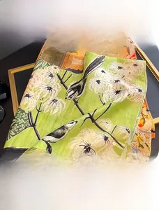 Detail of 65x65cm cotton silk scarf with green floral and bird prints for summer