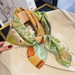 Elegant Women Square Scarf Cotton Mulberry Satin Blend Retro Botanical Floral Print Lightweight Sun Protection Headband
