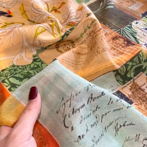 Floral silk square scarf with vintage postcard print and breathable summer fabric