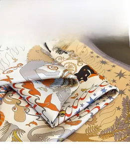 Detail of silk square scarf featuring intricate illustration and hand-rolled edge stitching