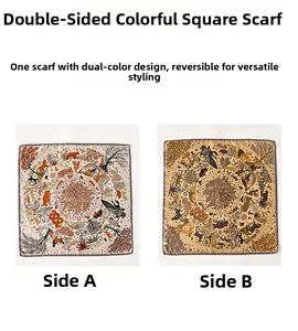 Detailed close-up of double-sided silk scarf featuring mythological and botanical patterns