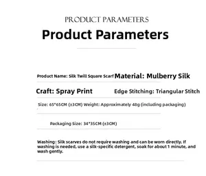 Detailed size and care specifications for 100% mulberry silk paisley square scarf