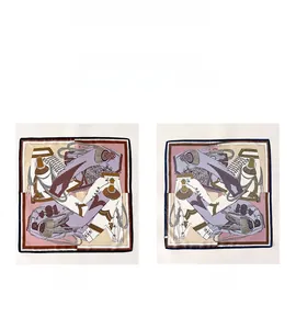 Detail of double-sided silk square scarf showing vintage court style pattern on both sides
