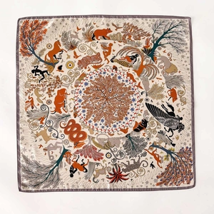 Square silk scarf with retro animal illustration print and vibrant orange border
