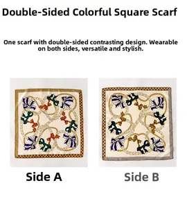 Detail of silk square scarf featuring double-sided chain and bow prints in multiple colors
