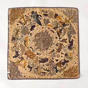 Double-sided silk twill square scarf with exotic mythological animals and tribal patterns