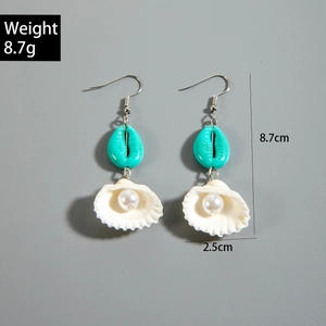 Detailed view of bohemian shell earrings with turquoise resin and pearls, size 8.7cm