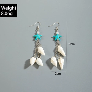 Detail of starfish and shell drop earrings with 9cm length and 8.06g weight dimensions
