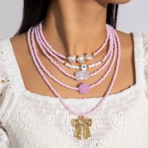 Multi Layer Beaded Necklace With Resin Flower Metal Bow Pendant Bohemian Pastoral Style Pink Jewelry For Women