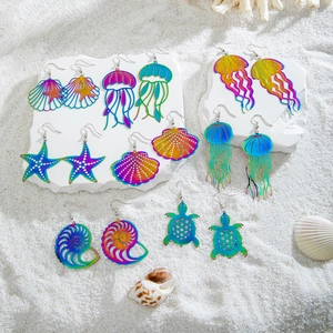 Summer Beach Iridescent Iron Jellyfish Starfish Sea Turtle Drop Earrings Ocean Series Colorful Metal Jewelry For Women