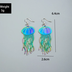 Macro detail of colorful jellyfish earrings with rainbow metal finish and dimensions