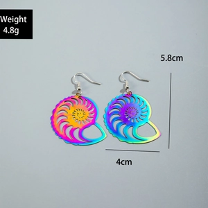 Macro view of iridescent seashell earrings with size and weight measurements
