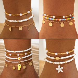 Tobilleras Multicapa Bohemias Oro Aleación Abalorios Estrella de Mar Concha Mariposa Playa Verano Joyería para Mujer