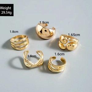 Detailed view of 5-piece gold ring set featuring geometric shapes and irregular sizes