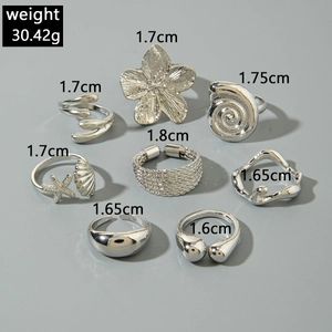 Detail showing an 8-piece set of silver rings with floral, shell, and starfish designs