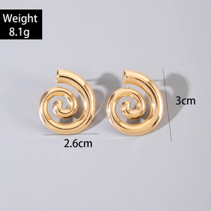 Detailed view of gold spiral geometric earrings with glossy finish and modern art design