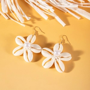 Pendientes Colgantes de Flor de Concha Hechos a Mano Joyería de Playa Bohemia Con Perlas Artificiales de Imitación y Rosa de Tela