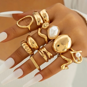 Gold bohemian hollow alloy ring set with snake and pearl designs for stacked wear