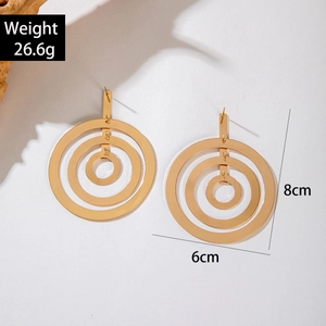 Detail of large gold multi-layer concentric hoop earrings with size and weight specs
