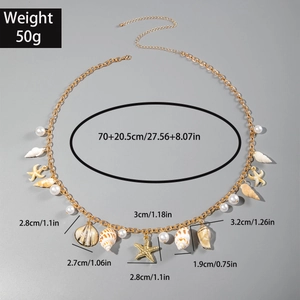 Boho seashell and starfish body chain set for beach wear with white pearls and 70+20.5cm length