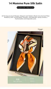 Close-up of 100% mulberry silk scarf with orange and brown floral patterns in 65x65cm
