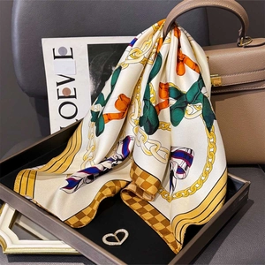 Mulberry Satin Square Scarf Elegant Golden Chain Bow Print Satin Fashion Neck Wrap For Women