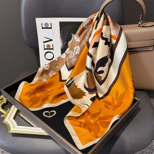 Mulberry Satin Square Scarf Double Sided Floral Leaf Print Elegant Fashion Neck Wrap For Women