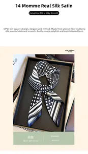 Vue détaillée d'un foulard en soie de 65cm avec pois noirs et blancs et rayures
