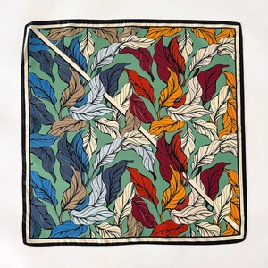 Silk twill square scarf with retro green leaf pattern and contrast border