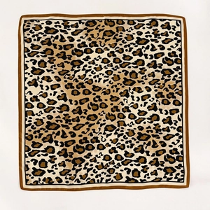 Classic leopard print silk square scarf with brown border in smooth satin finish