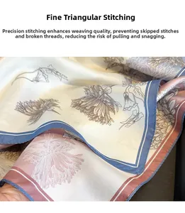 Detailed close-up of high-quality triangular needle stitching on printed silk scarf edge