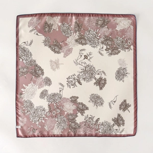 Floral silk square scarf with morandi pink daisy print and navy blue rolled edges