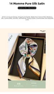 Detail of 65x65cm 14 Momme mulberry silk scarf with vintage print and smooth satin texture