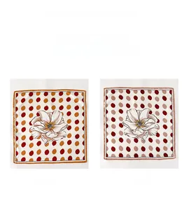 Detail view of double-sided silk scarf with floral pattern and vintage polka dots