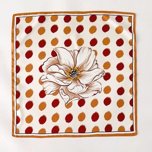 Elegant silk twill square scarf with floral peony print and polka dot pattern border