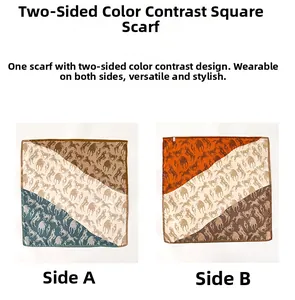 Macro detail of silk square scarf featuring equestrian horse prints in contrasting colors