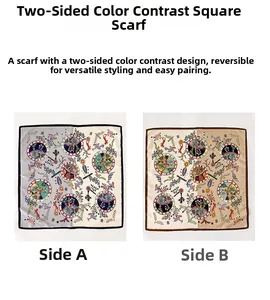 Detail of 65cm silk square scarf showing double-sided vintage patterns and contrast edges
