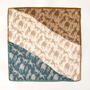 Silk square scarf featuring classic horse patterns and tricolor diagonal color block design