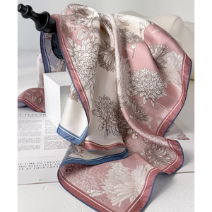 Floral silk scarf in retro pink and beige with hand-drawn chrysanthemum patterns