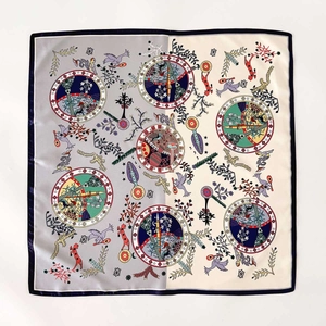 Exotic pattern silk twill square scarf with grey and white patchwork and crane prints