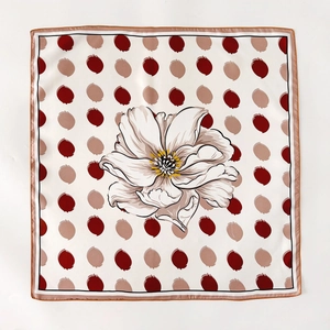 Silk twill square scarf featuring floral print and leaf dots with red border