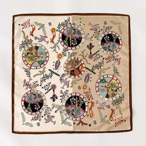 French vintage silk twill square scarf with palace illustration and dark border