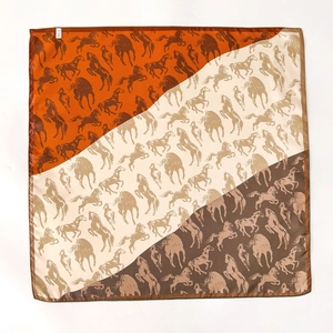 Three-color silk square scarf with horse print in orange, cream, and brown
