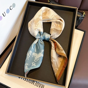 Silk twill square scarf with abstract horse print and elegant color-blocking geometric pattern