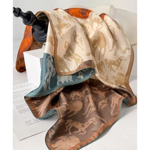 Silk twill square scarf featuring equestrian horse print in champagne and caramel