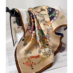 65cm silk twill square scarf with retro exotic fox print in warm gold and navy blue